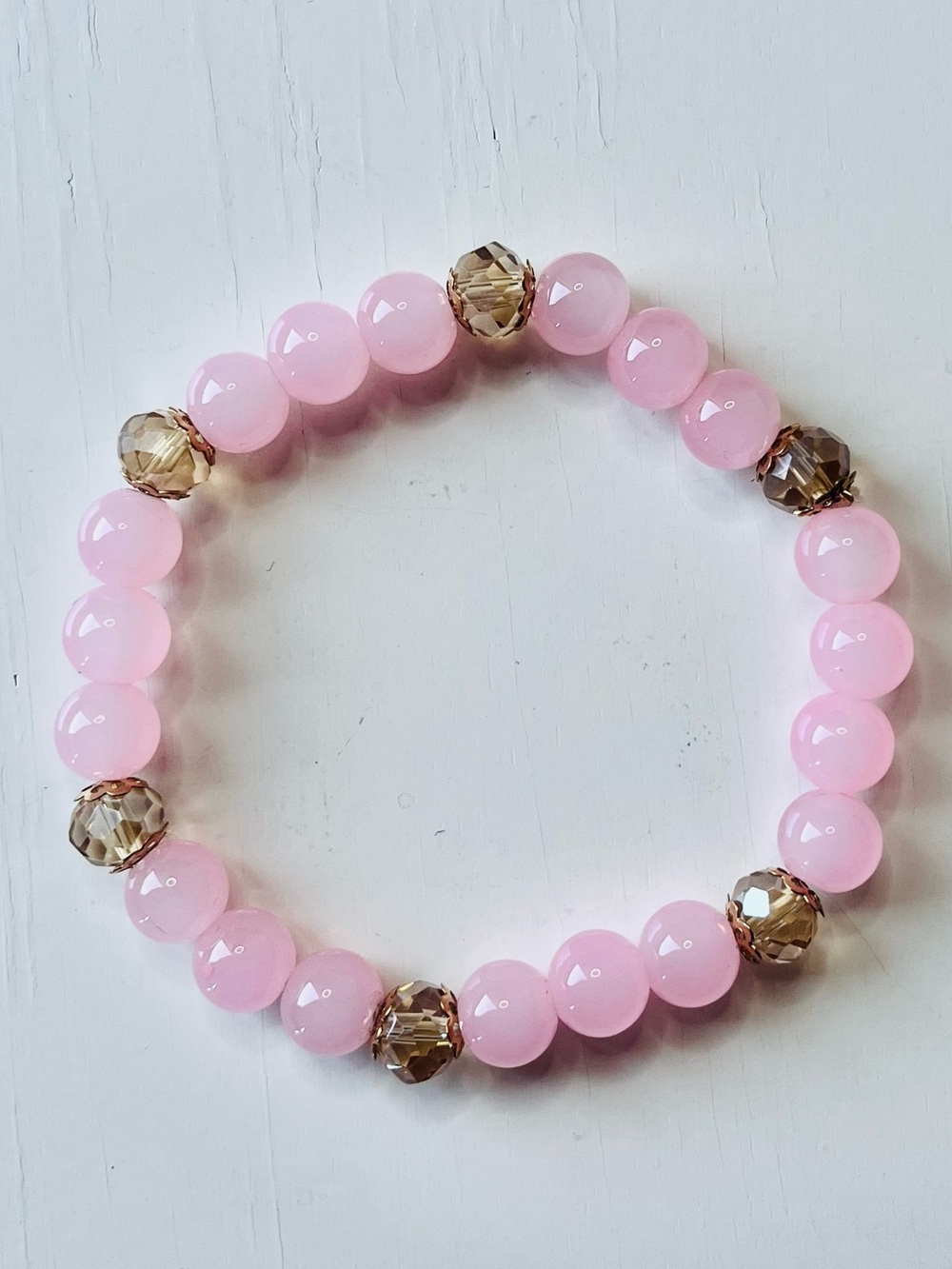 Rose Pink Beaded Stretch Bracelet with Champagne Accent Beads
